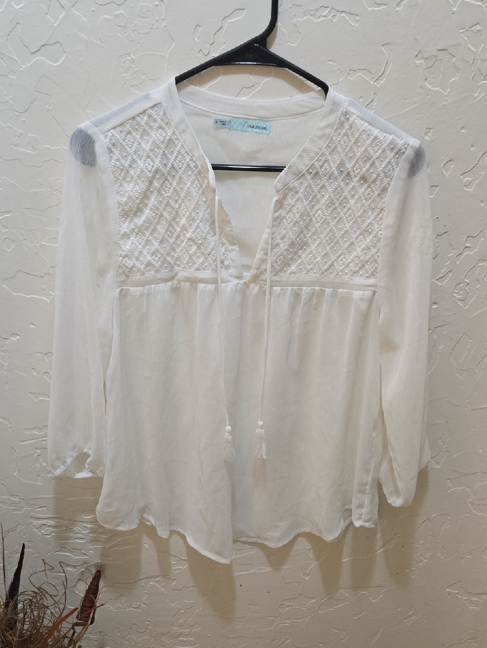 Maurices White Embroidered Peasant Blouse with Tassel Tie